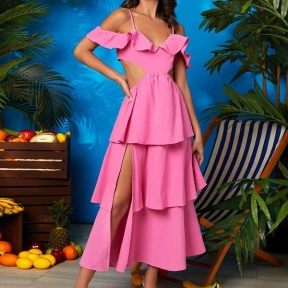 Boho Vacay Pink style trendy V-Neck Cut Out waist Tiered Layer slit Dress - Picture 2 of 7